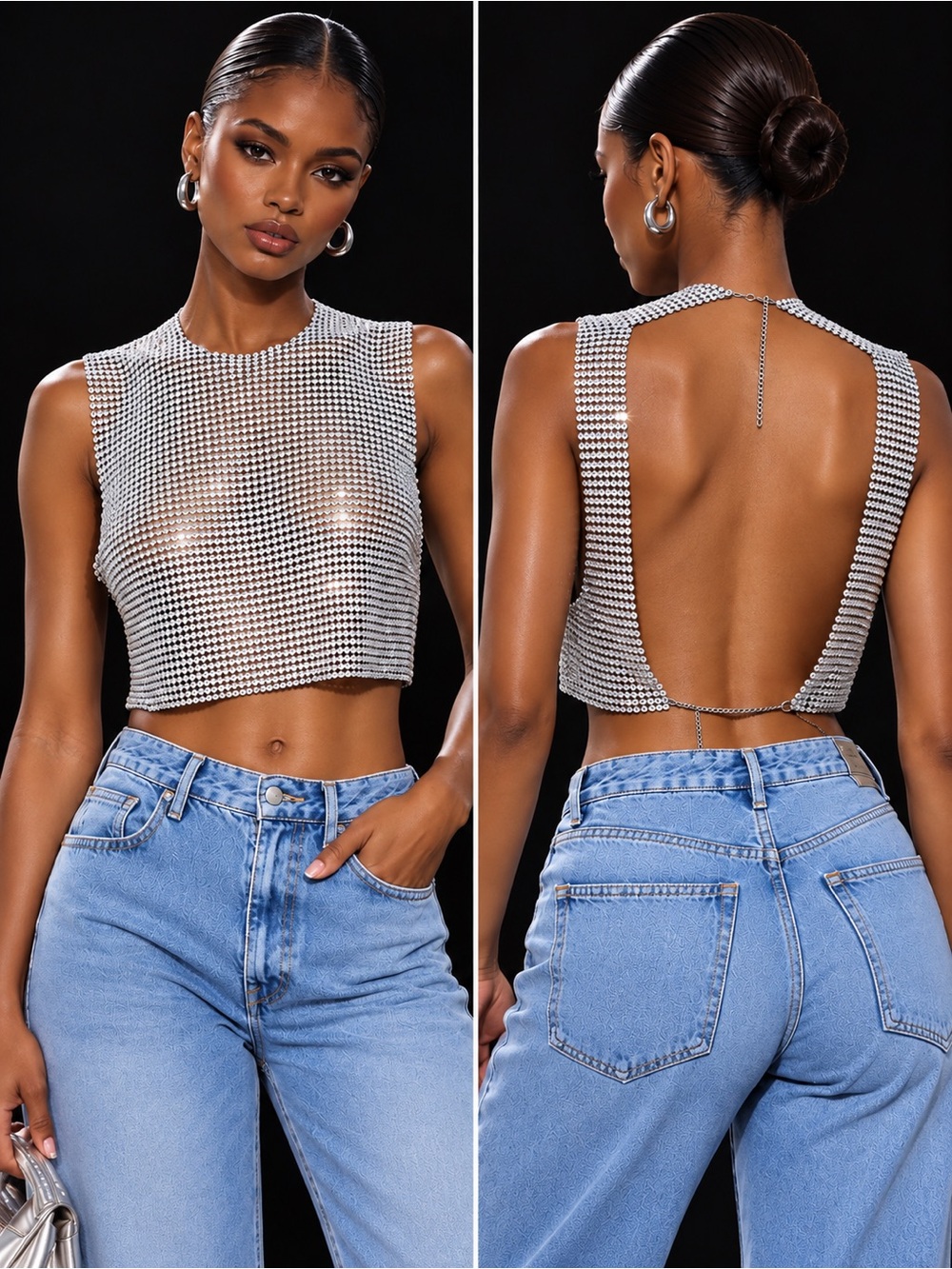 NEW House of Harlow 1960 Rhinestone Chainmail Crop Tank – Silver, Size Small